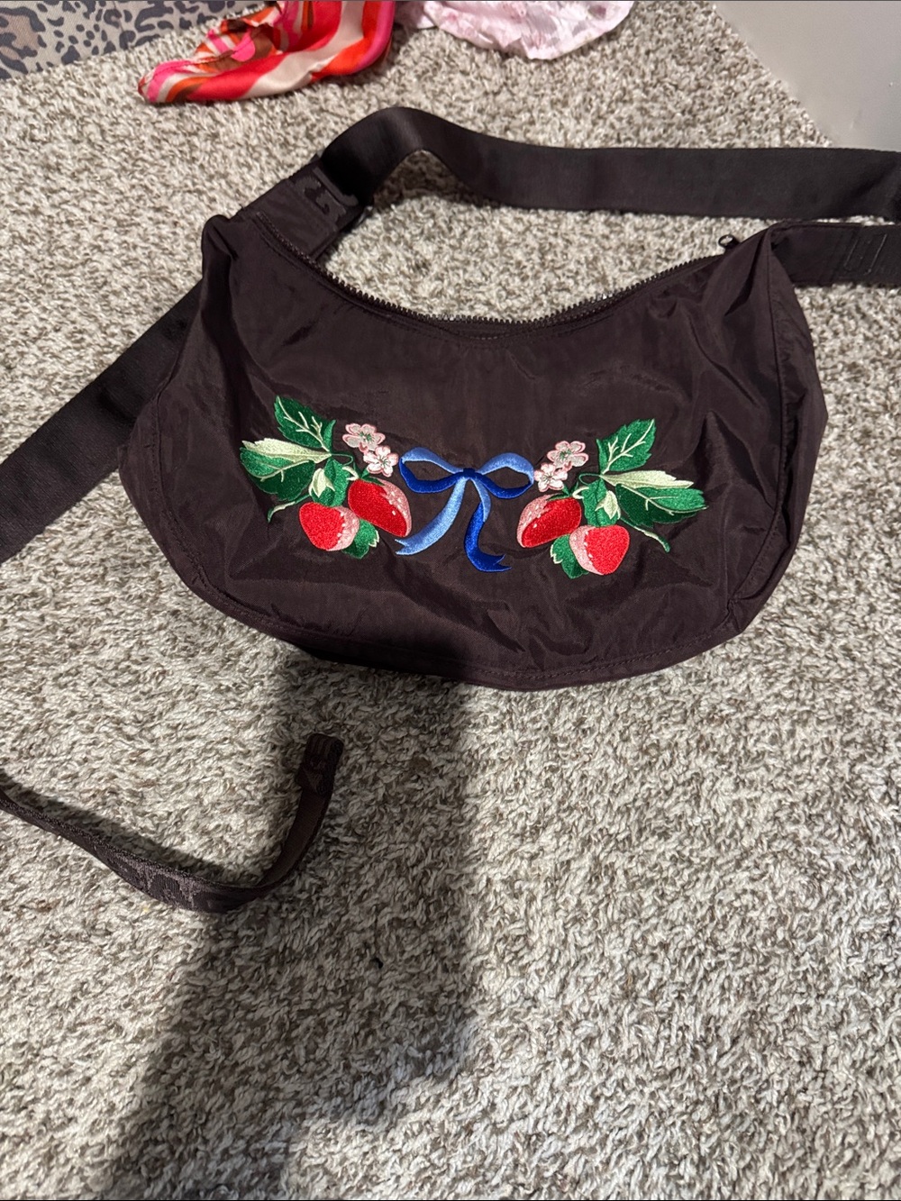 Baggu strawberry embroidered crescent bag